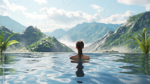 Embraced by the soft light of dawn, a person meditates serenely in an infinity pool nestled in a luxurious retreat, the surrounding landscape bathed. © Sajib
