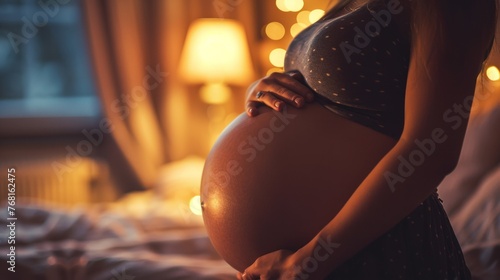 A pregnant woman holding her belly in a dimly lit room with a lamp in the background.