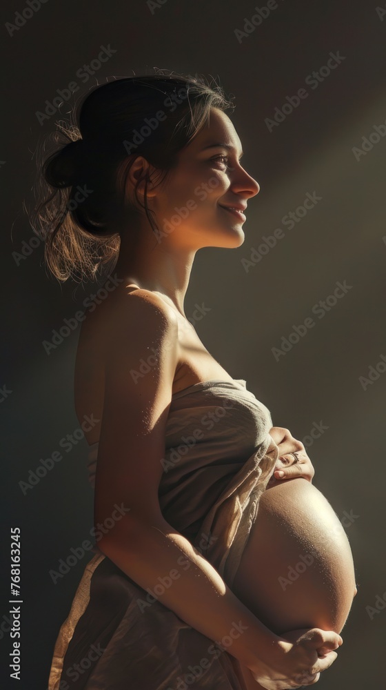 A pregnant woman wearing a white dress is holding her belly while ...