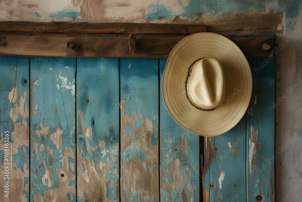 A lone mariachi hat hangs on a rustic wooden rack, waiting for its next musical adventure A lone mariachi hat hangs on a rustic wooden rack, waiting for its next musical adventure