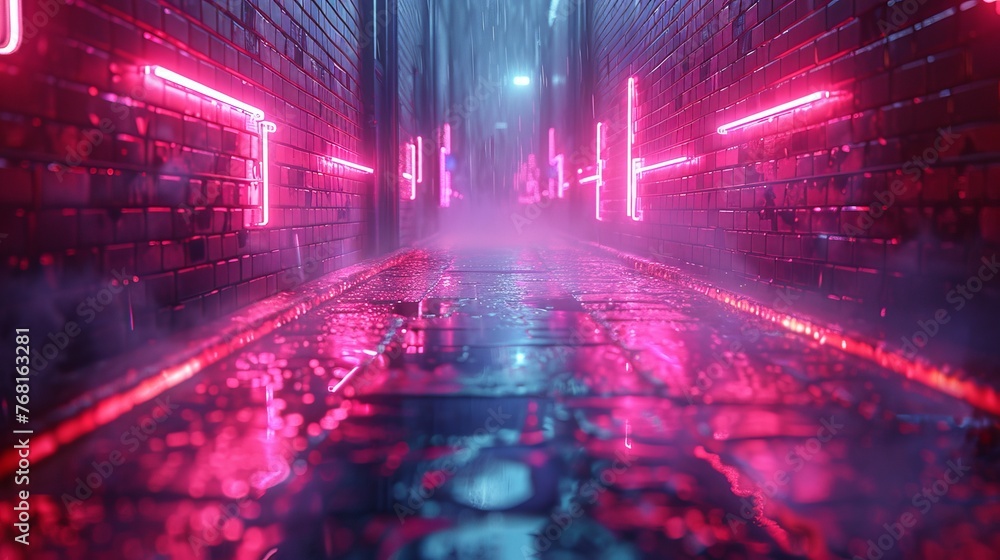custom made wallpaper toronto digitalPhotorealistic 3D illustration of a futuristic city in cyberpunk style, featuring an empty street adorned with neon lights and showcasing a grunge urban landscape.