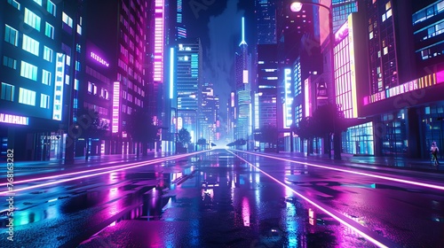 Photorealistic 3D illustration of a futuristic city in cyberpunk style  featuring an empty street adorned with neon lights and showcasing a grunge urban landscape.