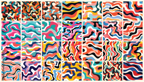 Collection of a fluid aquatic rippling wavy curvy water colorful seamless pattern set