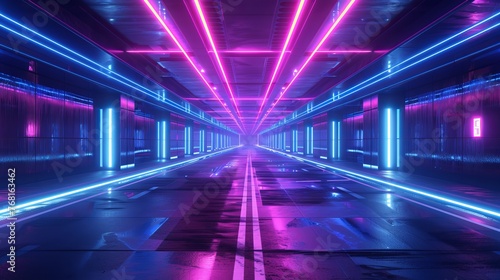 Photorealistic 3D illustration portraying a beautiful neon night scene in a cyberpunk city, with an empty street illuminated by blue neon lights. © Khalida