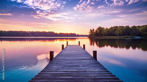Wooden pier on the lake at sunset. Beautiful summer landscape, Small boat dock and beautiful sunset landscape view with a huge lake, AI Generated photo