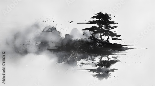 Black ink wash painting of a landscape with Japanese oriental style. photo