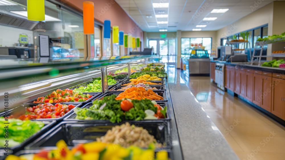 
Embracing nutritional education and offering healthy eating options in the workplace, a well-appointed cafeteria showcasing fresh salads, lean protein options.