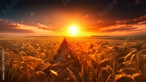 Sunset over wheat field. Nature composition. 3D render, sunset over the field, AI Generated