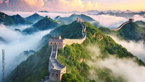 Great Wall of China at sunrise,panoramic view with clouds, The Great Wall of China in the mist , lying long, surrealist view from drone photography, 8k , AI Generated