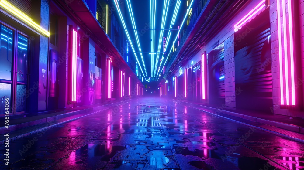 Photorealistic 3D illustration portraying a beautiful neon night scene in a cyberpunk city, with an empty street illuminated by blue neon lights.