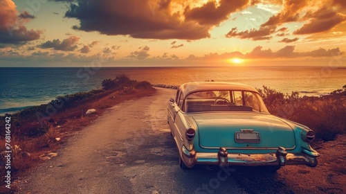 A vintage car parked on a winding coastal road overlooking the ocean, with a stunning sunset in the background creating a nostalgic scene. Resplendent.