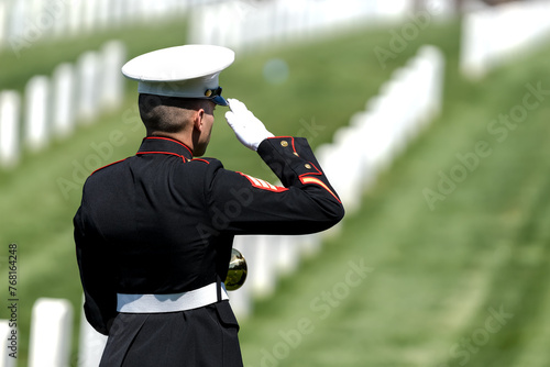 Honoring the Fallen: A Marine's Tribute at National Military Cemetery photo