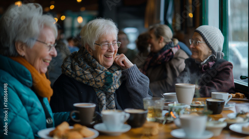 A charming cafe positioned within , a group of senior women revel in each other's company, their laughter and lively conversation echoing throughout the cozy space.