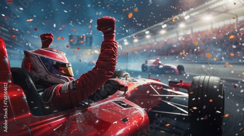 Male racer athlete celebrating winning victory in car race championship. Generated AI image photo