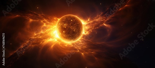 A hyper-realistic 3D illustration showing a black hole emerging at the core of a gargantuan alien star, surrounded by intense solar flares in a dark matter space nebula.
