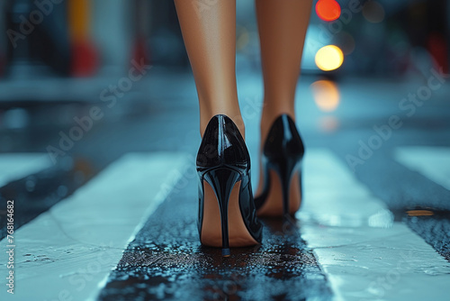 Black, high heels walking down the road.