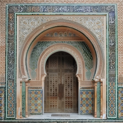 The doors of the mosque are very beautifully carved out of wood. High quality photo