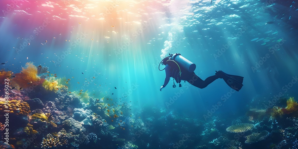 Scuba diver examines marine life and ecosystem impact of climate change in underwater environment. Concept Marine Conservation, Scuba Diving, Climate Change Impact, Underwater Ecosystem