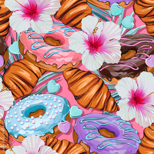 Seamless sweet vector pattern with croissant, donut, candy, flowers, hibiscus, palm leaf. Tropical bright pattern