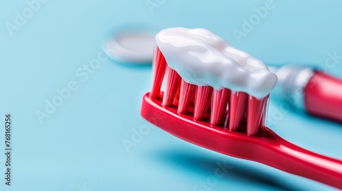 Red toothbrush on blue background