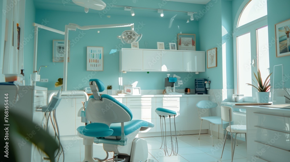 Blue and White Dentists Chair in Clinic Blue and White Dentists Chair in Clinic