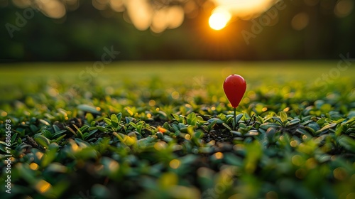 Scenic depiction of a green field and sunset with a big red pin marking a location, representing the concept of goals, dreams, endings, picnics, and victories. photo