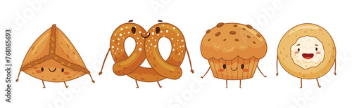 Cute Baked Pastry and Kawaii Bun with Smiling Face Vector Set