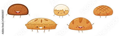 Cute Baked Pastry and Kawaii Bun with Smiling Face Vector Set