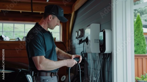 An electrician in work attire is busy setting up an electric vehicle charging station in a residential garage, contributing to sustainable living. AIG41