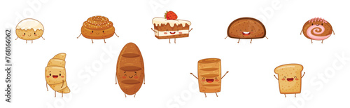 Cute Baked Pastry and Kawaii Bun with Smiling Face Vector Set