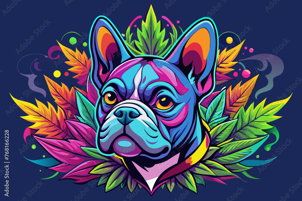 Obraz premium isometric, print-ready vector t-shirt art a colorful graffiti illustration of a french bulldog dog, cannabis buds, with very vibrant colors and high detail