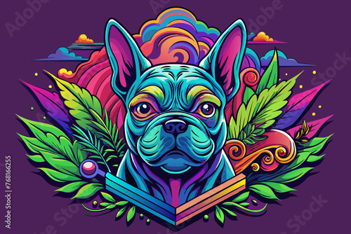 isometric  print-ready vector t-shirt art a colorful graffiti illustration of a french bulldog dog  cannabis buds  with very vibrant colors and high detail