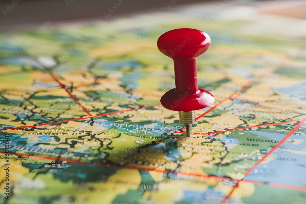 Pin marks location on map, setting course for adventure Pin marks location on map, setting course for adventure