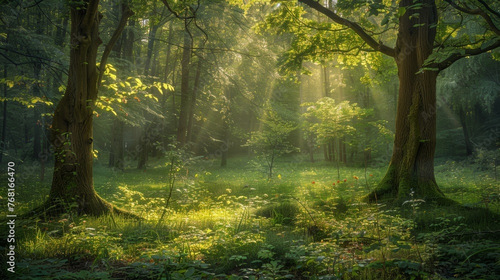 A serene, enchanting forest scene in early summer, A serene, enchanting forest scene in early summer,