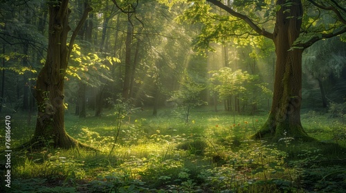 A serene, enchanting forest scene in early summer, 