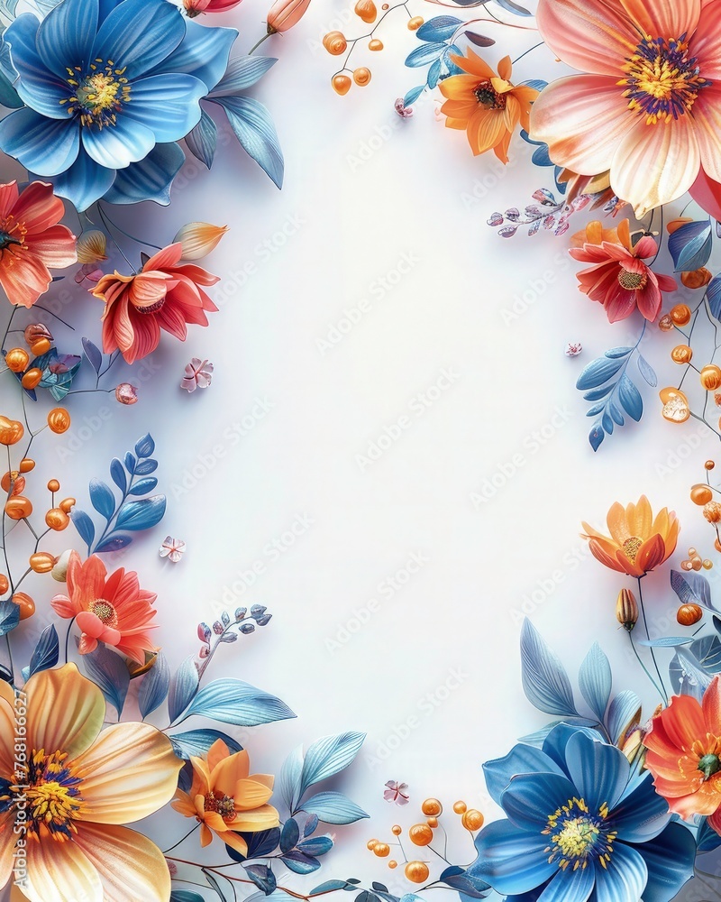 a vibrant and elegant wedding invitation frame adorned with glossy, colorful 3D flowers and delicate small leaves. wedding invitation greeting cards a vibrant and elegant wedding invitation frame adorned with glossy, colorful 3D flowers and delicate small leaves. wedding invitation greeting cards