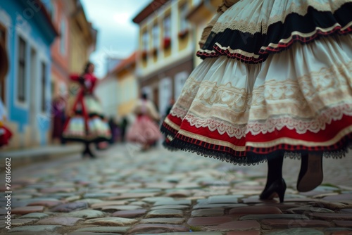 A traditional folk dance unfolds, swirling skirts and rhythmic stomps filling the cobblestone street