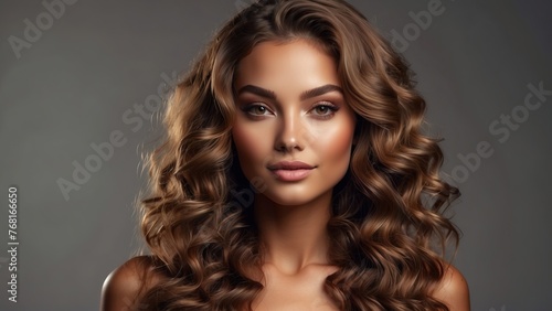 Model girl with shiny smooth healthy hair with curly hair