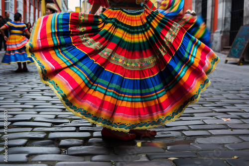 A traditional folk dance unfolds  swirling skirts and rhythmic stomps filling the cobblestone street