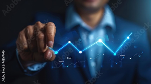A businessman touch to pointing growth graph line with a blue arrow up virtual screen. AI generated photo