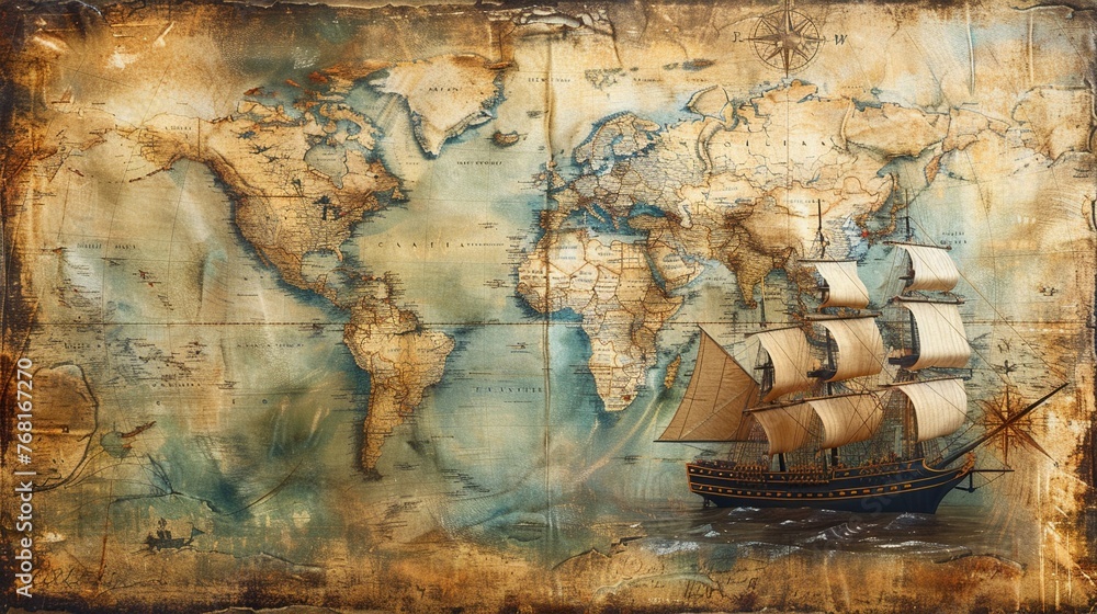 Old world map, exploration and adventure with a vintage nautical theme , minimalist