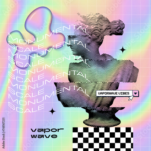 Vaporwave banner template. Trendy vintage glitch concept. Surreal retrofuturistic distorted antique statue vector illustration with melted blobs. 80s and 90s pop culture style. Vector holo design.