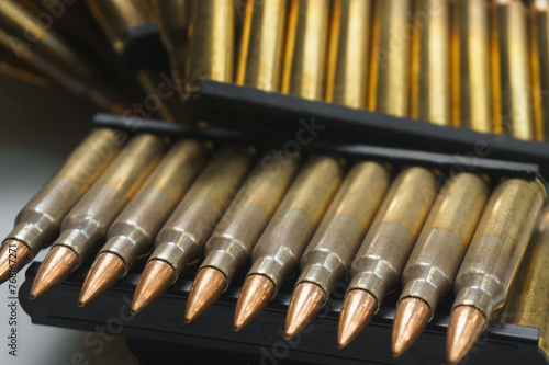 Close-up of ammunition for an assault rifle. Small-caliber ammunition for small arms.