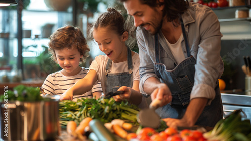 A heartwarming scene unfolds as a family comes together for a joyful cooking session with their children.