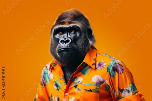gorilla in an orange shirt, in the style of bold fashion photography