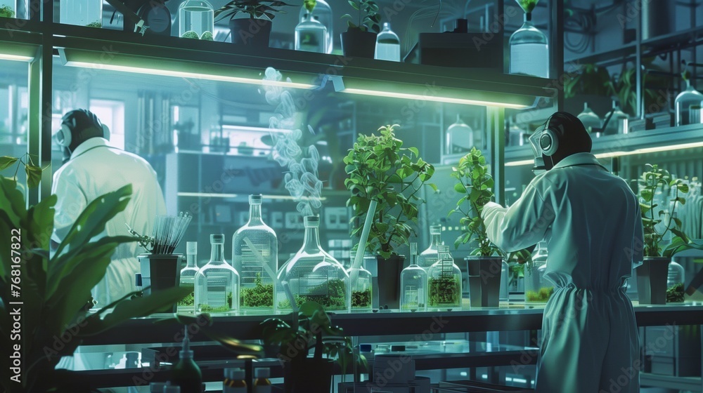 Genetic Engineer Examining Plants in Lab