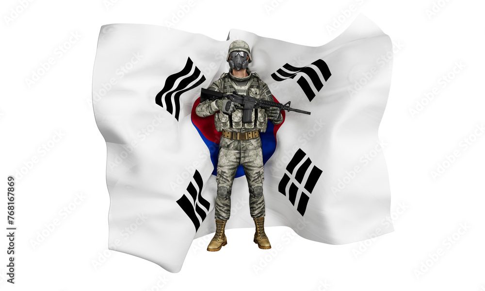 Soldier Equipped for Combat in Front of the South Korean Flag Stock ...