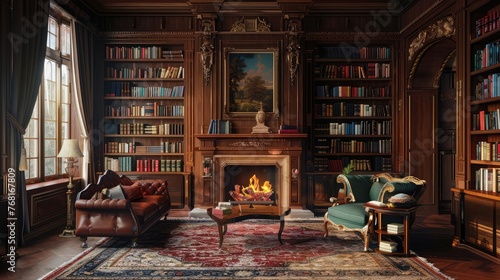 a shot of a living room with fireplace and fireplace books