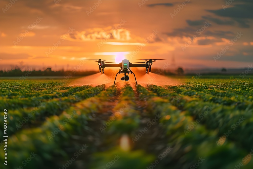 Enhancing Future Farming Practices: A Drone Spraying Pesticides Over a Wet Agricultural Field at Sunrise. Concept Agricultural Drones, Precision Farming, Pesticide Spraying, Sustainable Agriculture