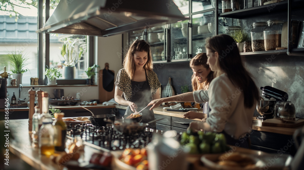 A young woman and her friends come together to cook and enjoy each other's company, the aroma of spices and laughter mingling in the air as they create.
